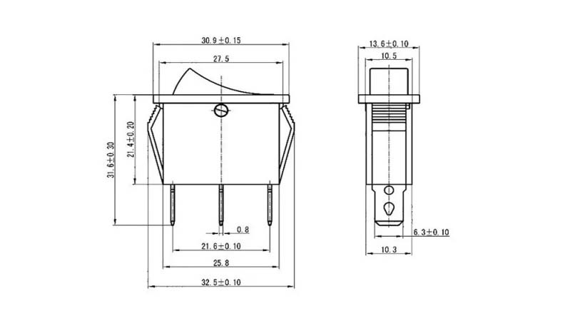 کلید راکر دوحالته دو پین باریک 26x10x21mm