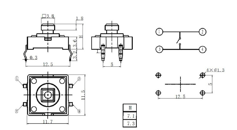 تک سوئیچ کله خور 12x12x7.3mm زرد